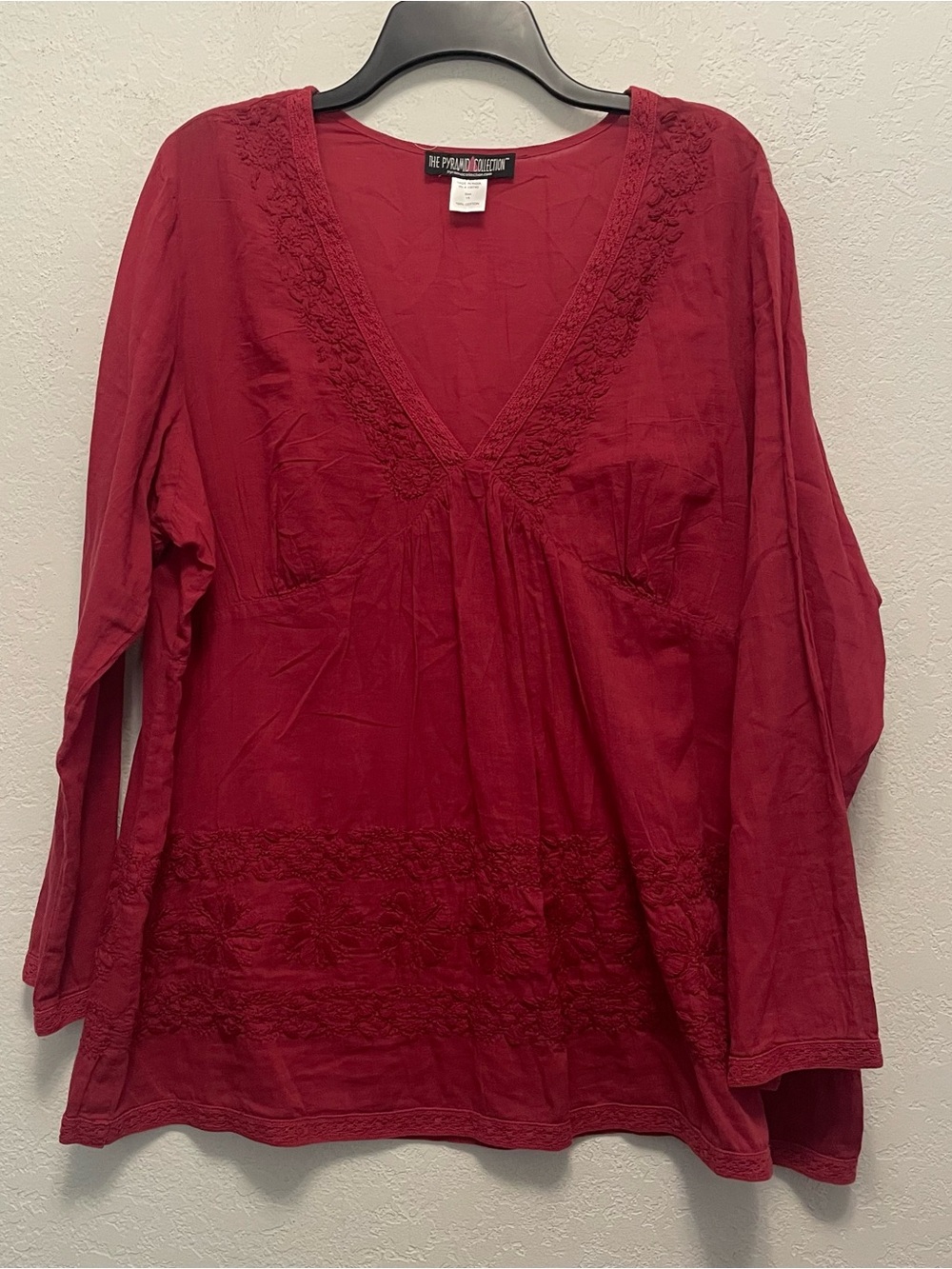 The Pyramid Collection red v-neck tunic tonal embroidery neckline and hem 1X